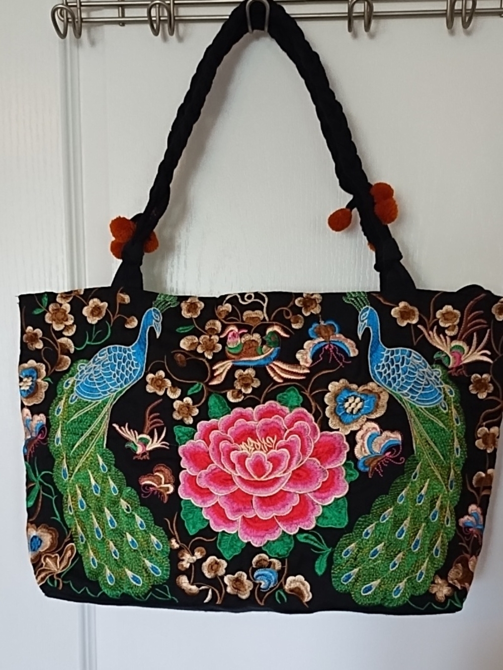 Embroidered Black Tote Bag with Pink Peony & Green Peacock Motif Inside Pocket